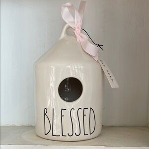 Rae Dunn Cream Ceramic 'BLESSED' Birdhouse with Pink Ribbon